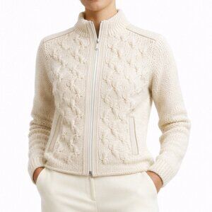 $648 Vintage Neiman Marcus Cashmere Leather Zip Sweater L Cream Luxe Cable Knit